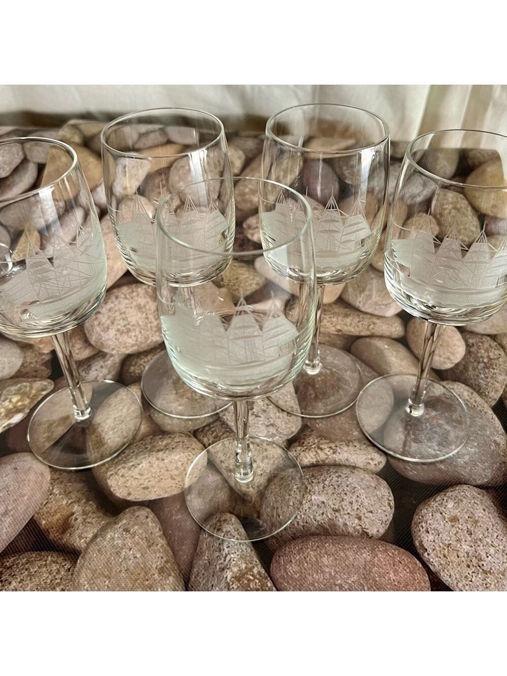 (5) TALL SHIP ETCHED WINE GLASSES